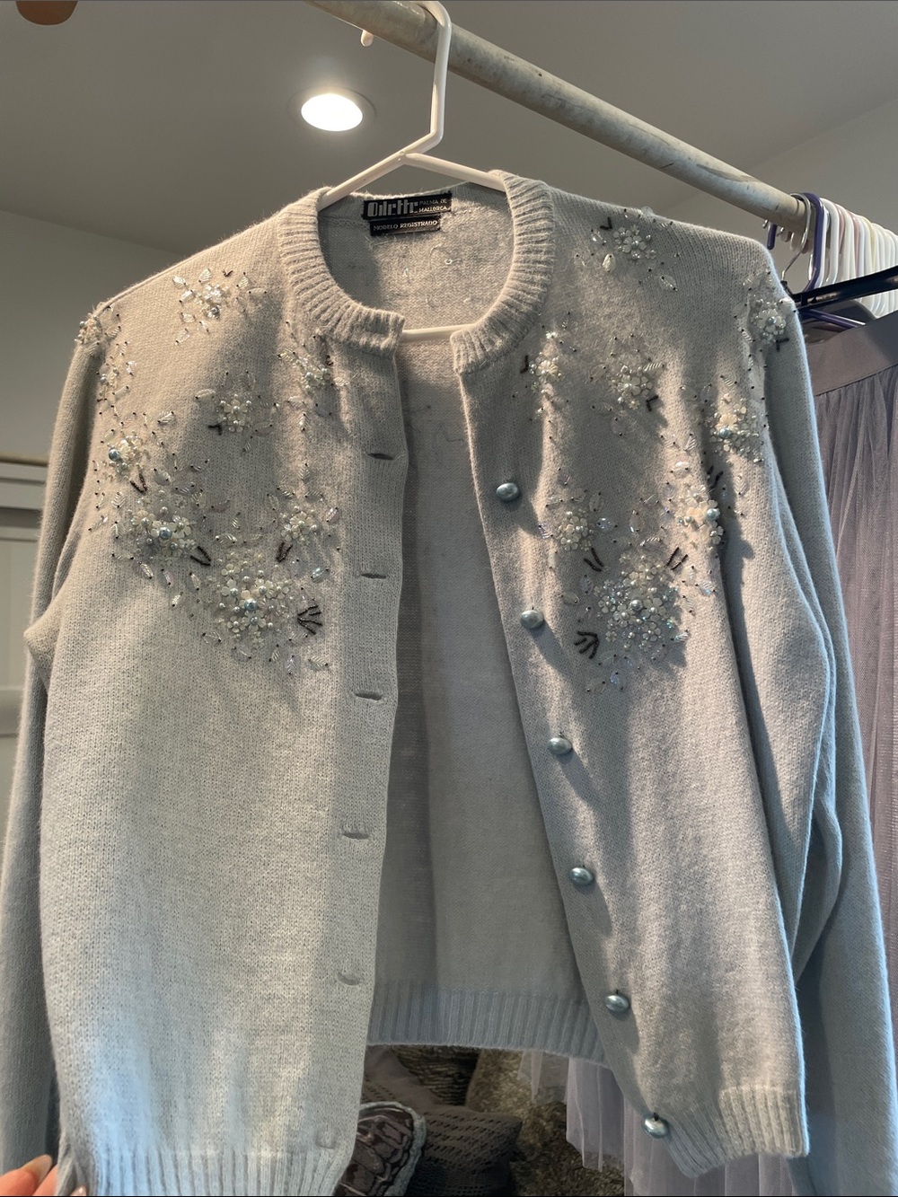 Vintage Pale Gray Beaded Floral Cardigan
